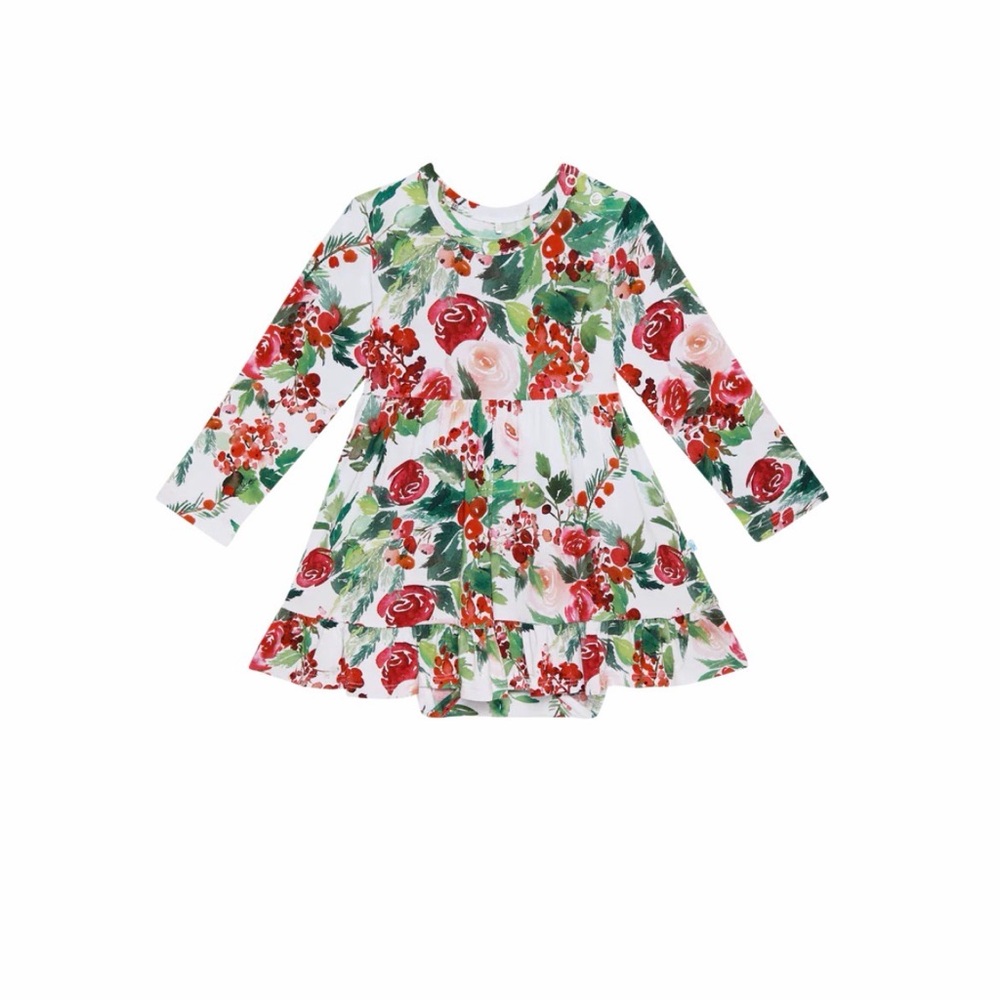 POSH PEANUT LONG SLEEVE GIRLS RUFFLED BODYSUIT DRESS IN BEATRIX